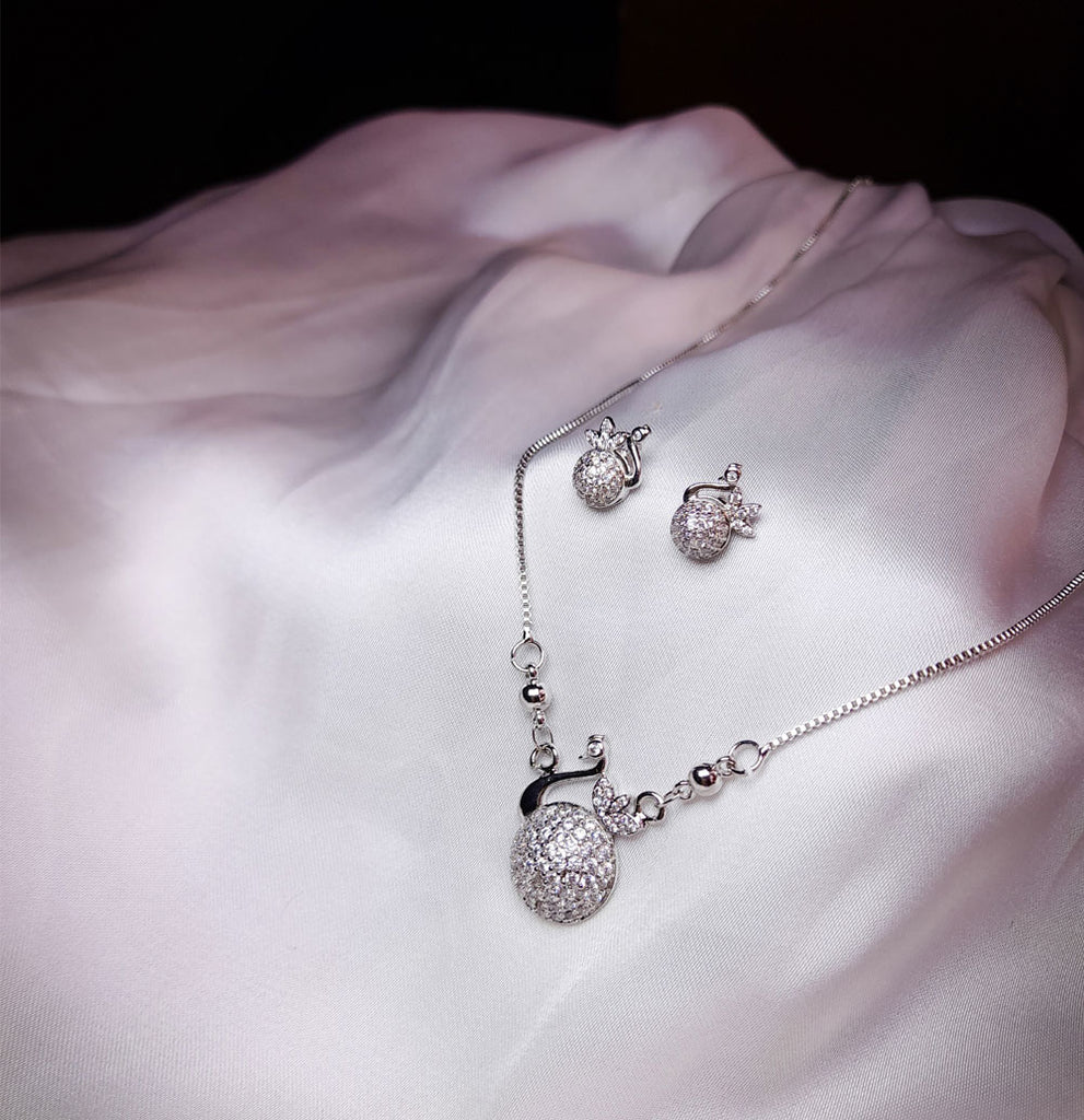 SILVER PEACOCK EARING SET WITH NECKLACE